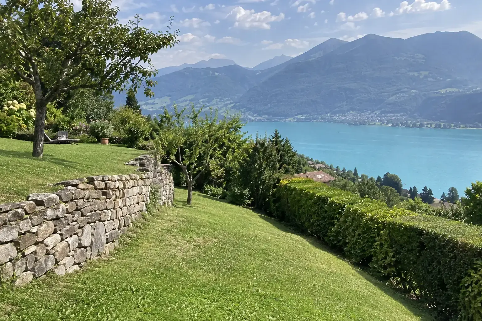 Jardin en pente au-dessus du lac d’Annecy : pelouse en terrasses, muret de pierres sèches, arbres fruitiers et haie, lac turquoise et montagnes boisées au fond