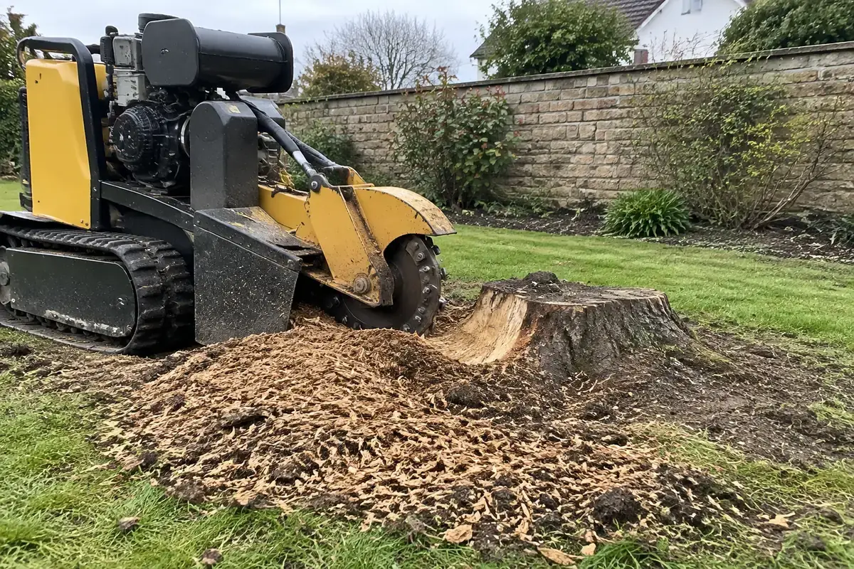 Souche à moitié rognée dans une pelouse, une petite rogneuse jaune à côté, un tas de copeaux de bois frais, un mur de jardin derrière