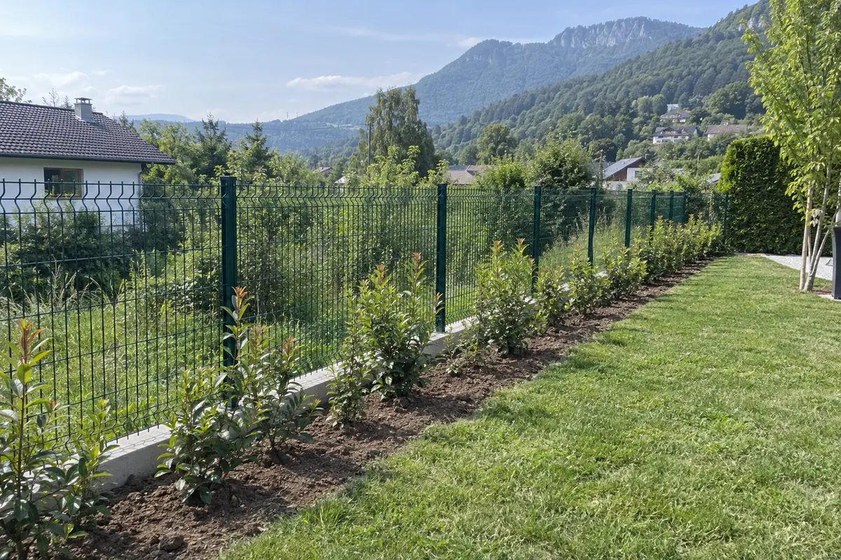 Panneaux de grillage rigide vert posés en limite d’un jardin, poteaux alignés, pelouse et haie derrière