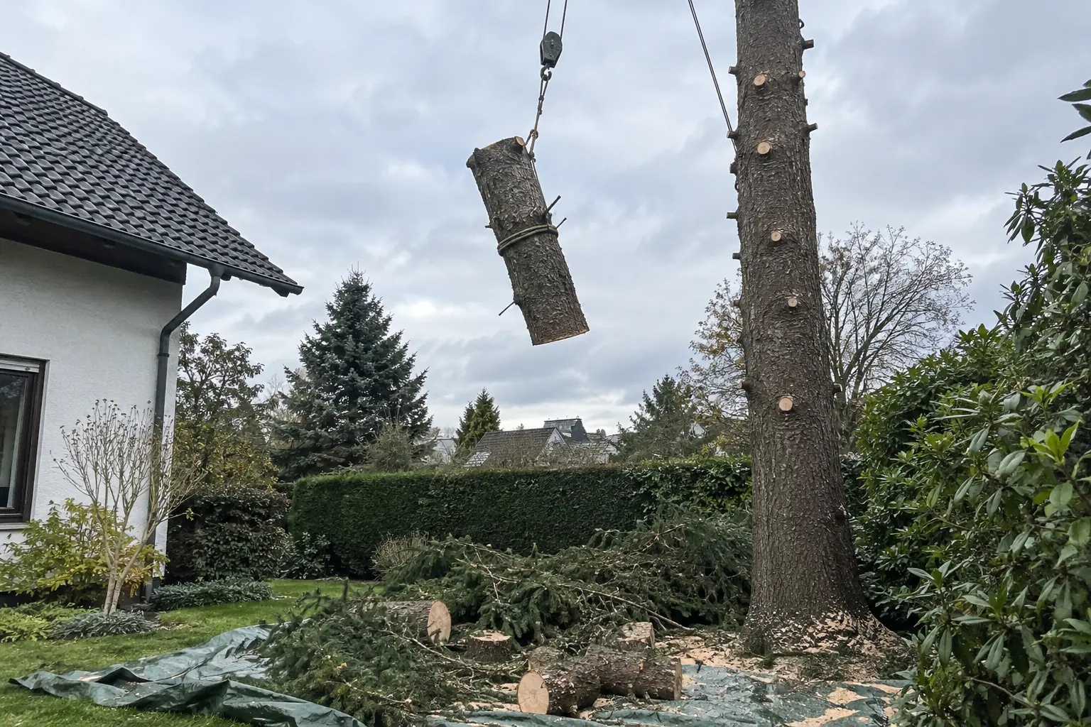 Démontage d’un épicéa près d’une maison : un tronçon de tronc descend suspendu à une corde et une poulie, branches et sciure sur une bâche au pied