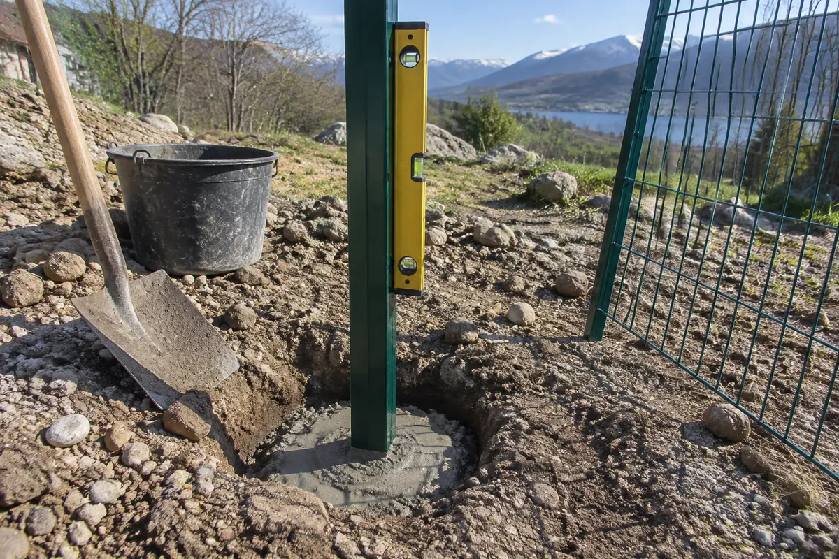 Poteau de clôture scellé dans un trou rempli de béton frais, terre retournée autour, jardin en pente