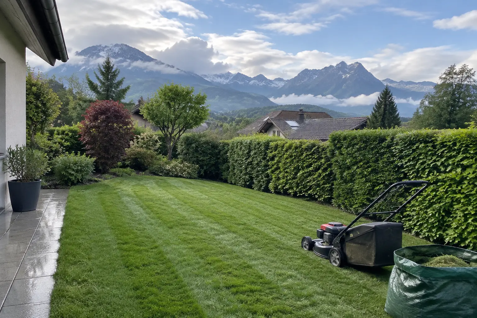 Pelouse fraîchement tondue en bandes, encore mouillée après la pluie, haie de charme taillée, tondeuse et sac de tontes au bord, montagnes au loin